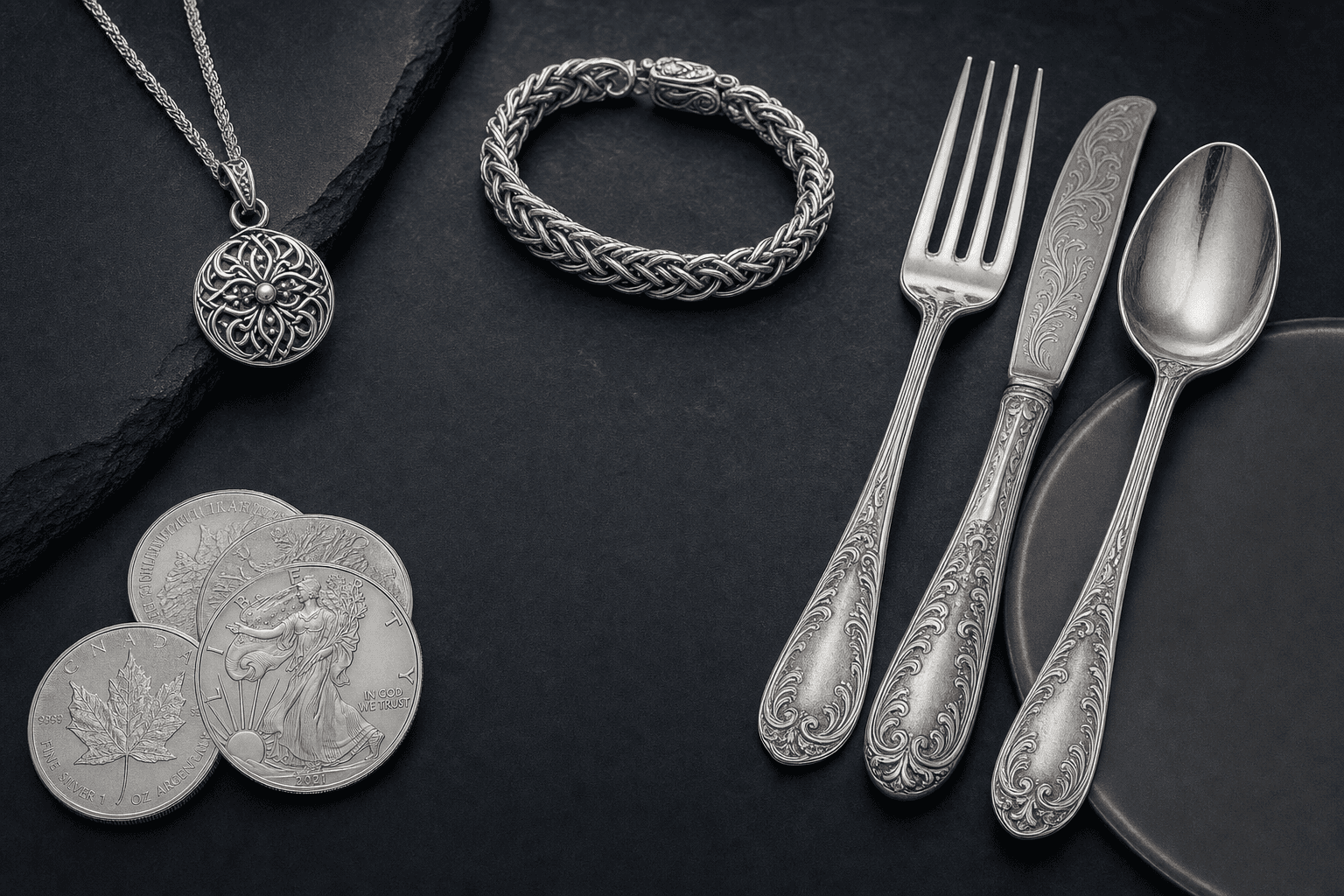 Silber – Silberschmuck, Silberbesteck und Silbermünzen