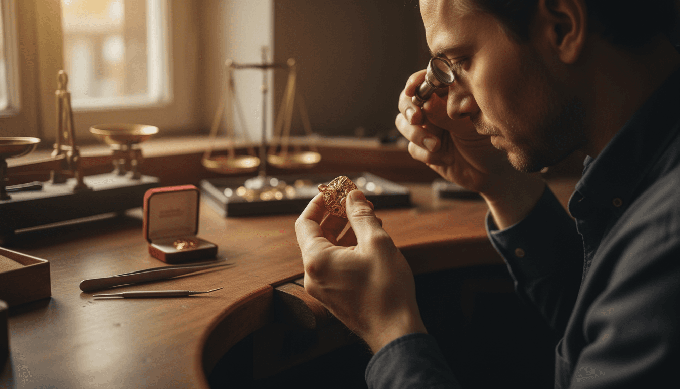 Juwelier untersucht Goldschmuck bei der Bewertung in Schwabach