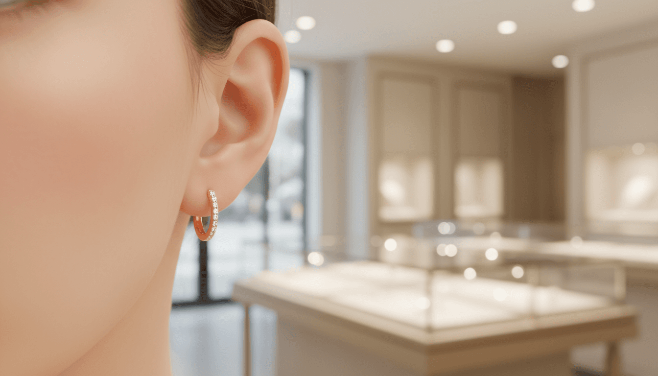 Close-up of an ear with a small gold earring in a jewelry store
