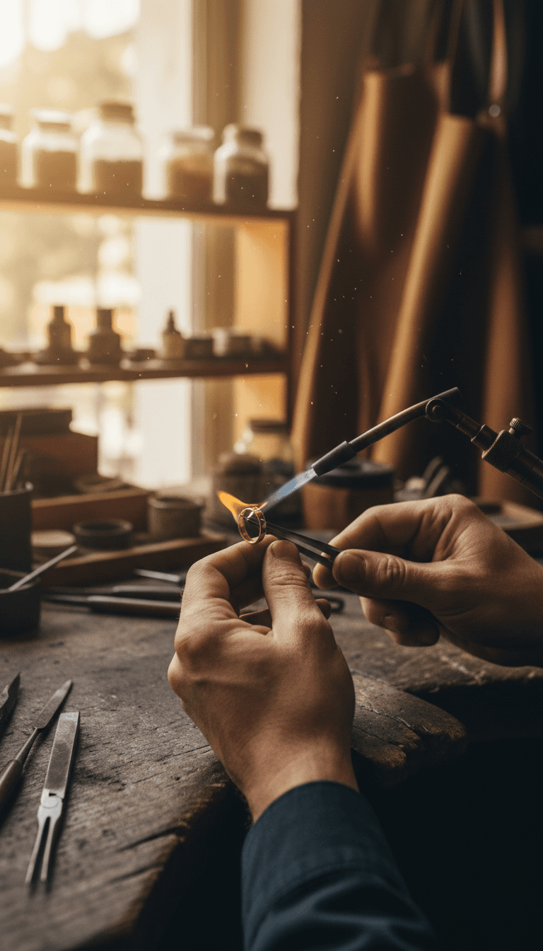 Reparatur einer Ringfassung an der Werkbank von Juwelier Kemer