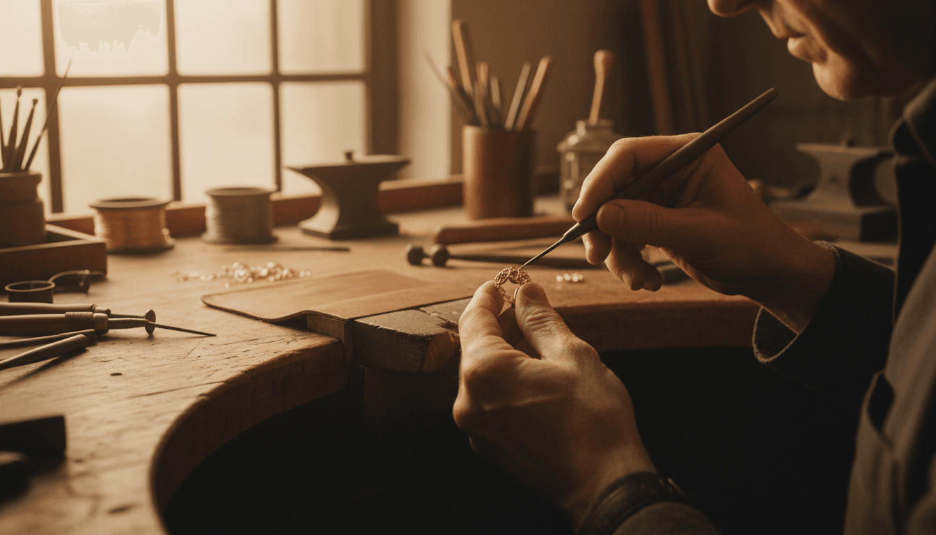 Handwerkskunst eines Goldschmieds bei der Fertigung eines Rings in der Werkstatt von Juwelier Kemer