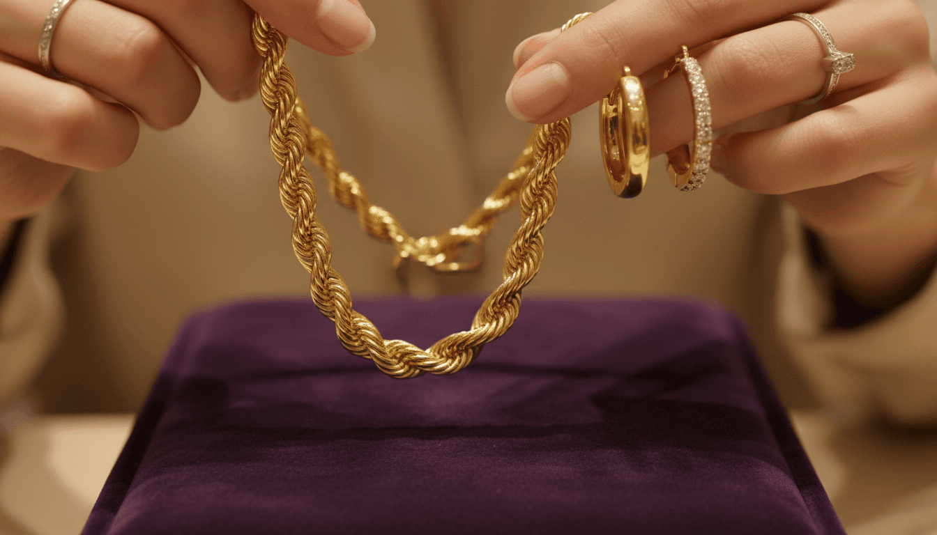 Hände eines Goldschmieds präsentieren Goldschmuck auf einem dunklen Samtkissen