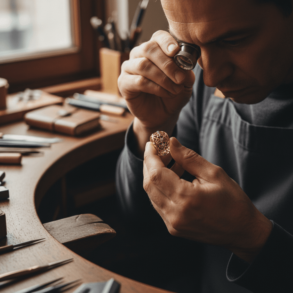 Juwelier untersucht Goldring mit Lupe an der Werkbank