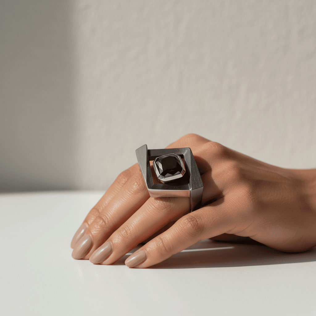 Statement-Ring in Händen präsentiert