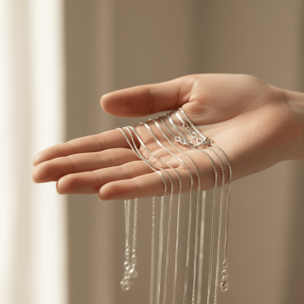 Multiple delicate silver chains draped across an open palm with natural light reflecting off polished metal links