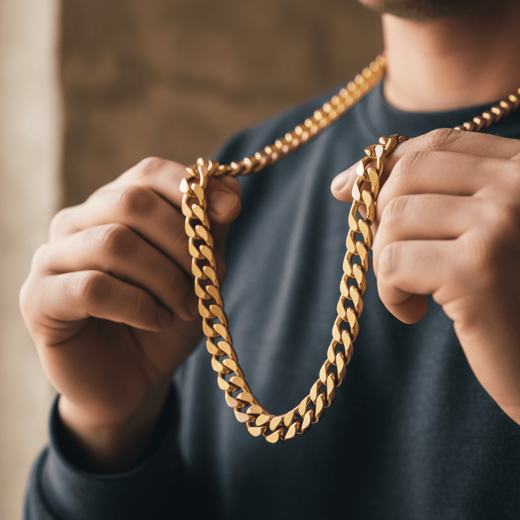 Man wearing premium gold chain necklace, showing fine craftsmanship and metallic detail in natural light