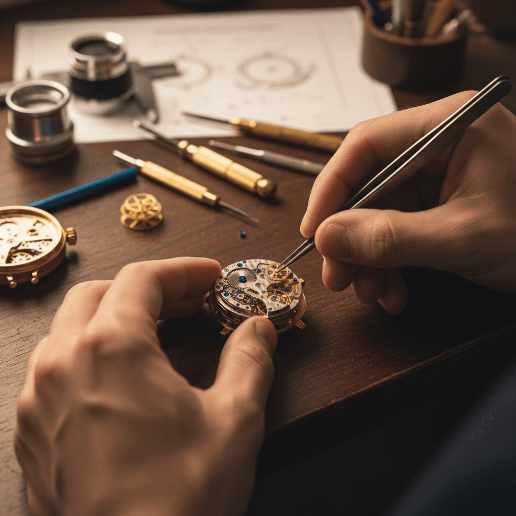 Meister-Uhrmacher bei der feinen Reparatur einer Luxusuhr in der Werkstatt