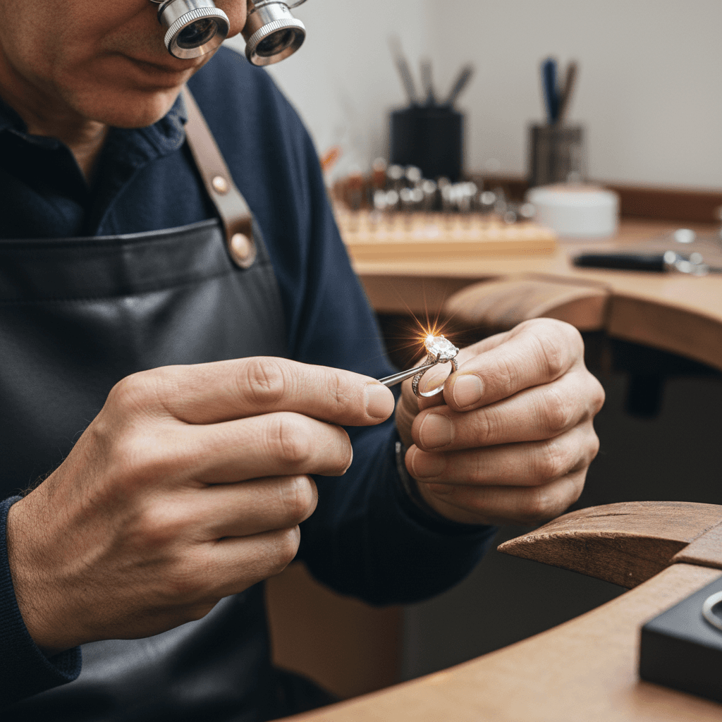 Juwelier untersucht einen Diamantring mit Fachkompetenz in der Werkstatt