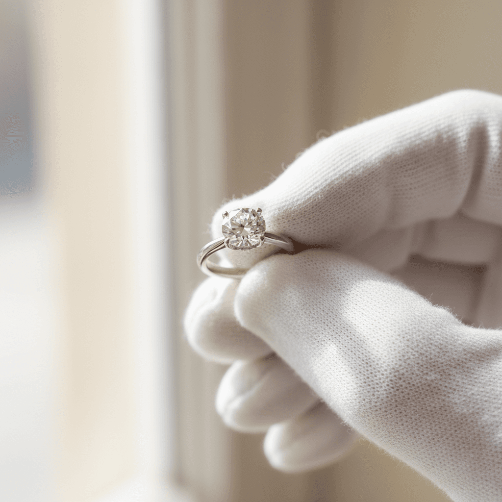 Close-up of solitaire diamond ring held in jeweler's hands, platinum setting catching warm studio light