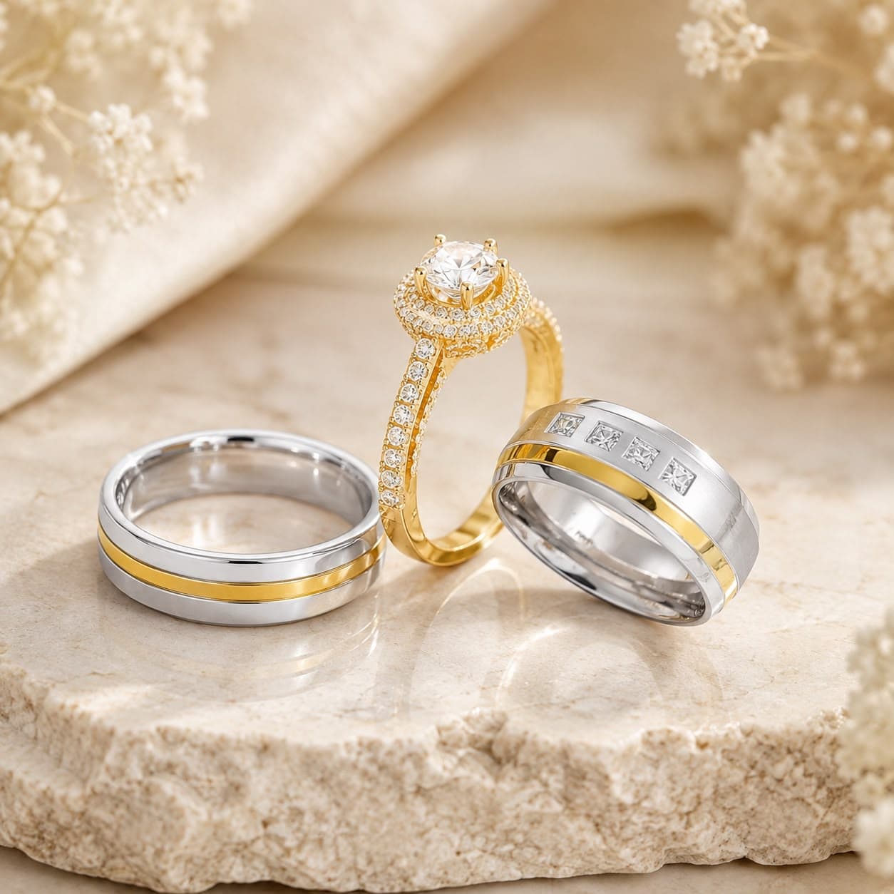 Goldener Diamantring und zwei silberne Eheringe mit Goldakzenten auf hellem Stein vor Blumen.
