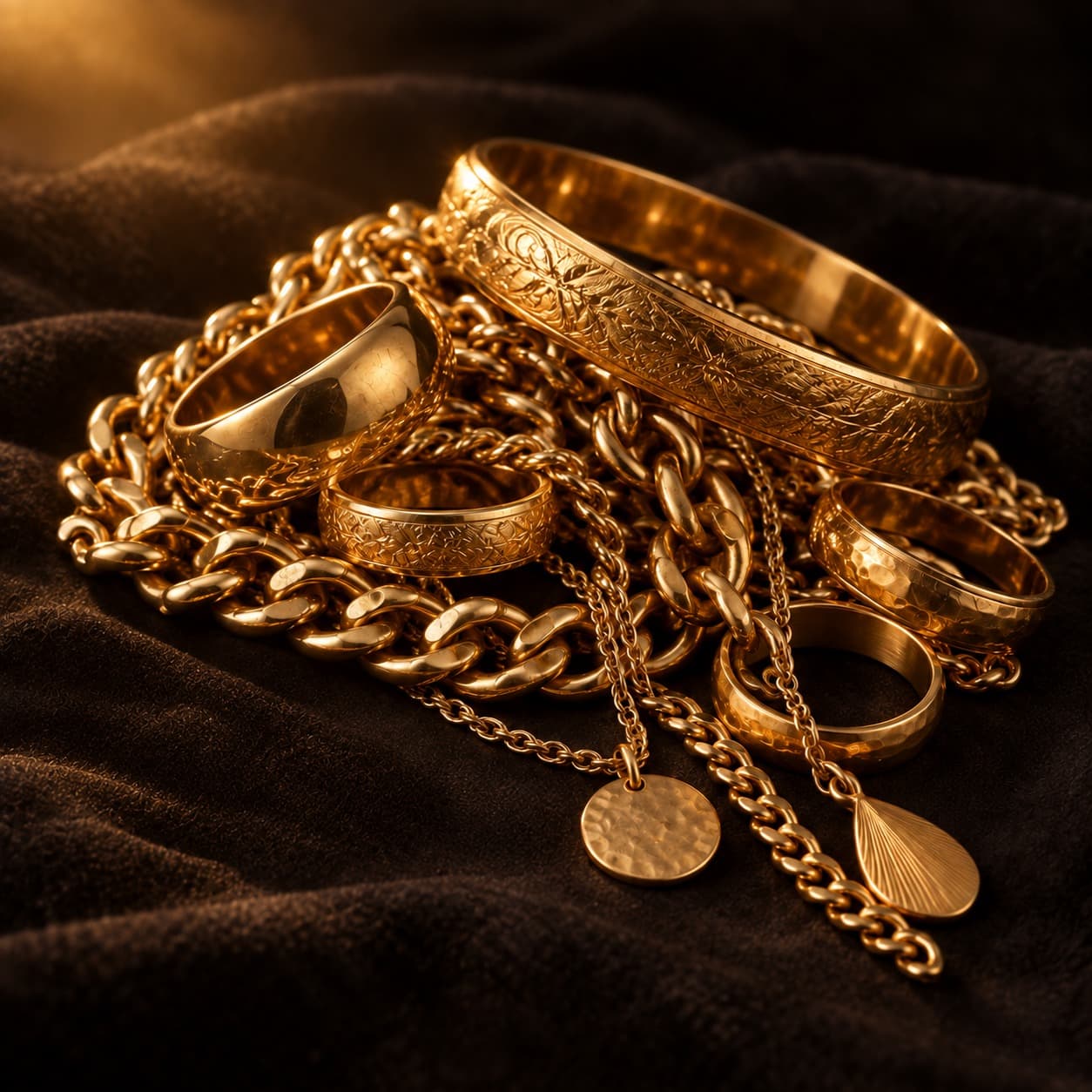 Glänzende goldene Ringe, Armreifen und Ketten liegen auf einem dunklen, strukturierten Stoff in warmem Licht.