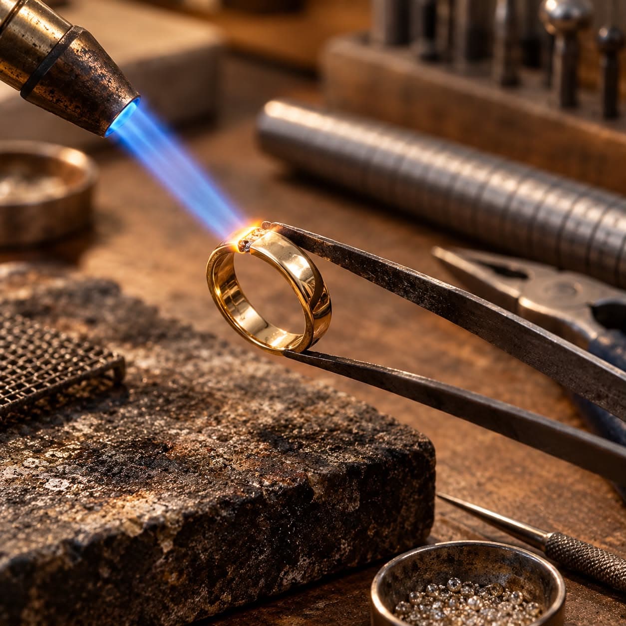 Ein goldener Ring wird mit einem Lötbrenner auf einer Werkbank voller Goldschmiedewerkzeuge präzise erhitzt.